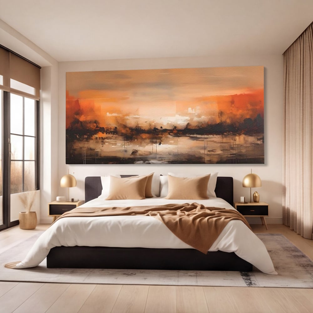 Tablou canvas cu peisaj abstract orizontal in nuante de aramiu, fara rama, pe sasiu de lemn, pe perete intr-un dormitor